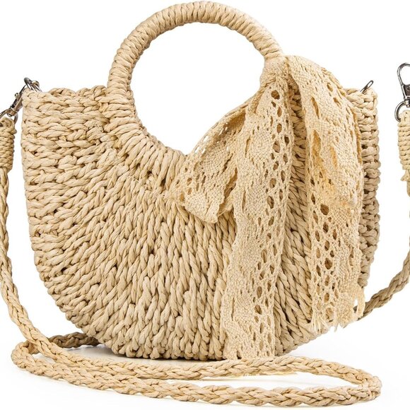 Handbags - Small Straw Purse Women Beach Woven Shoulder Drawstring Summer Crossbody